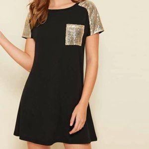 NWOT Black & Gold Contrast Sequin T-shirt Dress